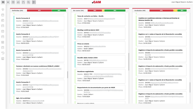 Image of the eGAM GTD application interface. It shows a Kanban panel with the defined tasks in progress and completed.